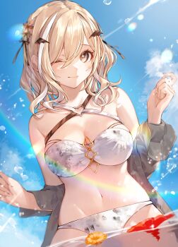 1girl absurdres bikini black_ribbon blonde_hair blush breasts buckle cleavage closed_mouth cloud commentary_request cowboy_shot criss-cross_halter dutch_angle fingernails flower grey_eyes grey_shirt hair_between_eyes hair_ornament hair_ribbon halterneck heart heart-shaped_buckle highres large_breasts long_sleeves looking_at_viewer medium_hair multicolored_hair navel ohuton_inu on_water one_eye_closed orange_flower original outdoors red_flower ribbon shirt shirt_partially_removed sky smile solo splashing stomach streaked_hair sunlight swimsuit wavy_hair white_bikini white_streaks wing_hair_ornament
