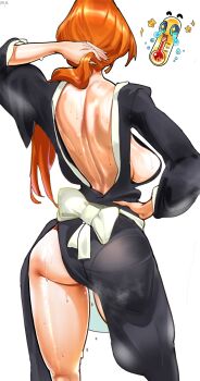 1girl artist_name bareback bleach breasts hand_on_own_hip highres japanese_clothes labslider long_hair matsumoto_rangiku orange_hair shihakusho sideboob simple_background standing sweat thighs white_background