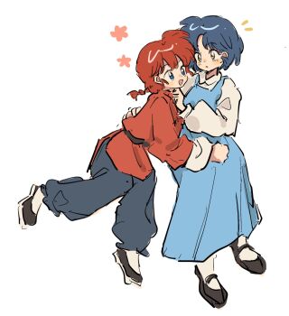 2girls blue_eyes blue_hair braid braided_ponytail chinese_clothes commentary_request danhuangcucu fuurinkan_high_school_uniform happy highres multiple_girls open_mouth ranma-chan ranma_1/2 school_uniform short_hair simple_background socks tangzhuang tendou_akane white_background white_socks yuri