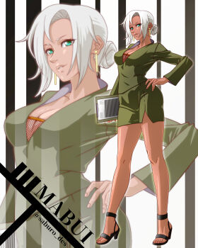 1girl absurdres breasts character_name cleavage clipboard commentary_request dark-skinned_female dark_skin earrings fishnets full_body green_eyes green_shirt hair_bun hand_on_own_hip high_heels highres holding holding_clipboard jewelry mabui_(naruto) medium_breasts miniskirt naruto_(series) naruto_shippuuden paper parted_lips pencil_skirt saburo_des shirt single_hair_bun skirt solo twitter_username white_hair zoom_layer
