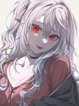 Rule 34 | 1girl, :p, black choker, black jacket, black ribbon, breasts, choker, cleavage, collarbone, cross, cross print, drop shadow, ear piercing, genderswap, genderswap (mtf), hair between eyes, hair ribbon, highres, hwataruamazing, jacket, kuzuha (nijisanji), large breasts, long hair, looking at viewer, mole, mole under eye, nijisanji, off shoulder, one side up, partially unzipped, piercing, pointy ears, portrait, red eyes, red shirt, ribbon, sanya (2nd costume) (kuzuha), sanya (kuzuha), shirt, sidelighting, sidelocks, simple background, solo, tongue, tongue out, track jacket, v-neck, virtual youtuber, wavy hair, white background, white hair