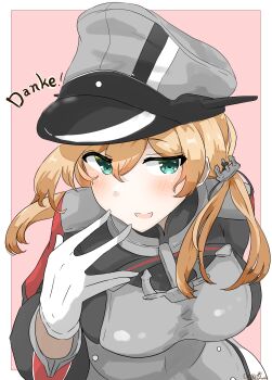 1girl absurdres anchor_hair_ornament blonde_hair blue_eyes blush border breasts coic_hakushaku commentary_request gloves hair_ornament hat highres kantai_collection large_breasts long_hair long_sleeves looking_at_viewer low_twintails military military_uniform open_mouth peaked_cap pink_background prinz_eugen_(kancolle) skirt smile solo twintails upper_body white_border white_gloves