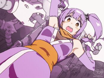 1girl animated animated_gif arms_up artist_logo artist_name bare_shoulders blush bouncing_breasts breast_expansion breasts brown_eyes bursting_breasts elbow_gloves fingerless_gloves gigantic_breasts gloves grabbing_another&#039;s_breast groping hair_ornament holding_another&#039;s_wrist huge_breasts japanese_clothes kimono ninja large_breasts logo mechanical_arms medium_breasts momo_no_suidou-sui multiple_hands ninja_to_koroshiya_no_futarigurashi open_mouth oppai_loli orange_scarf panties pov purple_hair restrained sash scarf short_kimono shuriken_hair_ornament side_ponytail sleeveless sleeveless_kimono solo teeth ugoira underwear wardrobe_malfunction white_panties wrist_guards