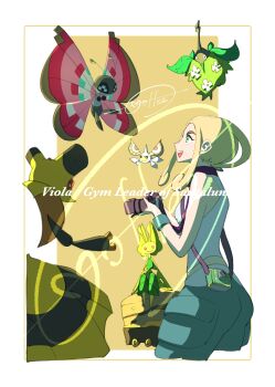 1girl :d absurdres blonde_hair border camera cccacademia character_name crustle gen_3_pokemon gen_4_pokemon gen_5_pokemon gen_6_pokemon green_eyes highres holding holding_camera leavanny looking_up masquerain mixed-language_commentary nintendo open_mouth pants pokemon pokemon_(creature) pokemon_xy shirt sidelocks signature sleeveless sleeveless_shirt smile teeth upper_teeth_only vespiquen viola_(pokemon) vivillon vivillon_(meadow) white_border white_shirt wormadam wormadam_(plant)