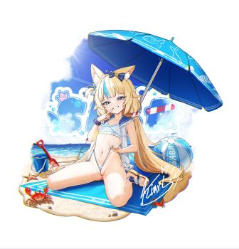 1girl absurdres adjusting_clothes adjusting_swimsuit ahoge animal_ear_fluff animal_ears ball bare_arms beach beachball bikini blanket blonde_hair blue_eyes blue_hair blue_sailor_collar blue_sky blue_streaks bow bowtie breasts bucket buttons cat_ears character_name chromatic_aberration cloud cloudy_sky collar collarbone commentary crab dress english_commentary finger_to_mouth fins fish_girl fish_tail frilled_dress frills frontal_wedgie full_body gluteal_fold grin hair_ornament head_tilt highleg highleg_bikini highres indie_virtual_youtuber kiari_art kneeling lifebuoy_hair_ornament logo loli long_hair looking_at_viewer low_twintails mesugaki multicolored_hair navel one_side_up outdoors parasol rock sailor_collar sameko_saba sand sandals scrunchie self_wedgie shovel signature sitting sky sleeveless sleeveless_dress small_breasts smile solo spread_legs starfish strap_pull streaked_hair striped_bikini striped_clothes sunlight swimsuit tail thong thong_bikini twintails umbrella unbuttoned very_long_hair virtual_youtuber wariza water wedgie white_dress wrist_scrunchie
