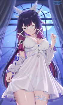 1girl bare_shoulders breasts closed_eyes collarbone columbina_(genshin_impact) commentary_request cowboy_shot full_moon genshin_impact hand_up highres indoors large_breasts long_hair long_sleeves moon night paid_reward_available panties parted_lips ponnyu12 purple_hair see-through_clothes solo thigh_strap underwear white_panties
