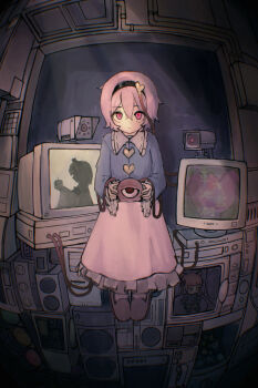 1girl absurdres akirama bad_apple!! black_hairband blouse blue_shirt buttons commentary_request crt expressionless eyeball fisheye frilled_shirt_collar frilled_sleeves frills fumo_(doll) hair_ornament hairband heart heart_button heart_hair_ornament highres indoors kaenbyou_rin komeiji_satori korean_commentary looking_at_viewer microwave phone pink_eyes pink_hair pink_skirt pink_slippers security_camera shirt sitting skirt slippers solo speaker television third_eye touhou