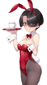 1girl animal_ears black_hair black_pantyhose blush bow bowtie breasts cameltoe cleavage closed_mouth commentary_request cup earrings fake_animal_ears fake_tail girls_und_panzer green_eyes hair_over_one_eye highres jewelry kuzuryuu_kennosuke leotard looking_at_viewer medium_breasts pantyhose playboy_bunny rabbit_ears rabbit_tail red_bow red_bowtie red_leotard short_hair simple_background smile solo tail tea teacup vanilla_(girls_und_panzer) waitress white_background white_wrist_cuffs wrist_cuffs