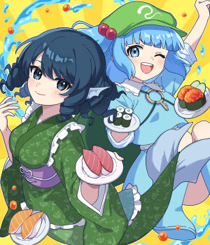 Rule 34 | 2girls, absurdres, blue eyes, blue hair, blue shirt, blue skirt, boots, closed mouth, commentary, cucumber, cucumber slice, drill hair, drill sidelocks, fins, food, food request, frilled kimono, frills, green kimono, hair bobbles, hair ornament, hat, head fins, highres, japanese clothes, jewelry, kawashiro nitori, key, key necklace, kimono, long sleeves, looking at viewer, merfolk, mermaid, miz (mizillustration), monster girl, multiple girls, necklace, obi, obijime, one eye closed, open mouth, purple sash, roe, rubber boots, sash, shirt, sidelocks, skirt, smile, sushi, touhou, two side up, wakasagihime, water, wide sleeves