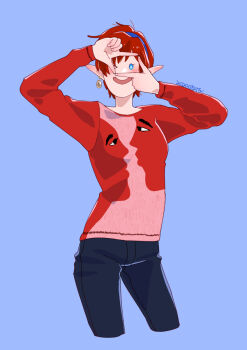 Rule 34 | 1girl, blue eyes, blue hairband, casual, chisato madison, commentary request, dated, earrings, hairband, highres, jewelry, looking at viewer, one eye closed, open mouth, pointy ears, red hair, shirt, short hair, simple background, smile, solo, sowasan (sowasowa), star ocean, star ocean: the second story