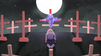 1girl angela_he flower footprints from_behind full_body graveyard highres kneeling moon night non-web_source official_art overgrown purple_flower shirt shirt_tucked_in short_hair sky solo star_(sky) starry_sky tombstone white_hair white_shirt you_left_me