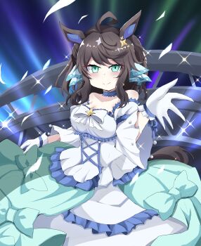 1girl absurdres ahoge alternate_costume animal_ears black_hair blue_eyes blush breasts cleavage closed_mouth collarbone commentary_request commission daring_tact_(umamusume) dress hair_ornament highres horse_ears horse_girl looking_at_viewer medium_breasts mikazuki_toto petals ribbon skeb_commission solo stage star_(symbol) star_hair_ornament umamusume