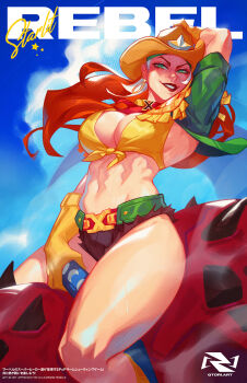 1girl bare_legs belt breasts colored_skin commentary devil_dinosaur dinosaur earrings english_commentary front-tie_top gloves highres hoop_earrings jewelry marvel marvel_rivals micro_shorts moon_girl_and_devil_dinosaur muscular muscular_female official_alternate_costume qtori red_skin riding riding_dinosaur rogue_(starlit_rebel)_(x-men) rogue_(x-men) shorts spines thighs x-men yellow_gloves