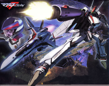 1boy angry city firing flying gun helmet highres luca_angeloni macross macross_frontier male_focus mecha mikhail_buran official_art ozma_lee robot s.m.s. saotome_alto solo space vf-25 weapon