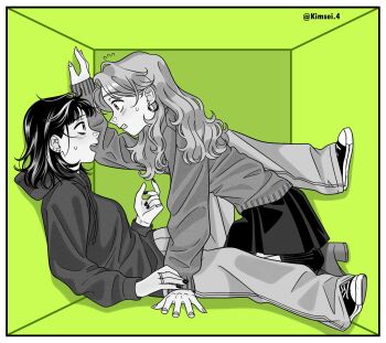 2girls between_legs blush commentary ear_piercing earrings english_commentary flying_sweatdrops green_background greyscale_with_colored_background highres hoop_earrings jewelry kimsei kininatteru_hito_ga_otoko_ja_nakatta koga_mitsuki long_hair mole mole_under_eye multiple_girls multiple_rings nail_polish oosawa_aya open_mouth pants piercing pleated_skirt ring skirt stuck_in_a_box twitter_username yuri