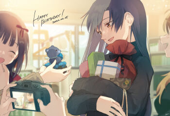 Rule 34 | 4girls, absurdres, amami haruka, birthday, black sweater, blue hair, box, brown eyes, camera, commentary request, dated, day, digital camera, gift, gift box, happy birthday, highres, holding, holding camera, holding gift, hoshii miki, idolmaster, idolmaster (classic), indoors, kisaragi chihaya, kuzuya ramurin, long hair, long sleeves, multiple girls, open mouth, out of frame, smile, stuffed animal, stuffed toy, sweater, taking picture, teddy bear