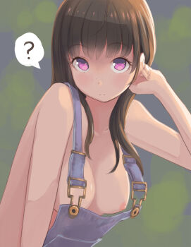 1girl ? breasts brown_hair freckles hair_behind_ear hand_on_own_head highres kuroshiro00 looking_at_viewer looking_to_the_side medium_breasts medium_hair naked_overalls nipples original overalls pink_eyes solo straight_hair upper_body