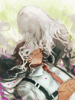 1boy 1girl chest_harness collared_shirt commentary every_catherine_(project_moon) grass harness heathcliff_(project_moon) highres lap_pillow limbus_company ling_zhiyun long_hair lying necktie on_back project_moon red_necktie shirt symbol-only_commentary wavy_hair white_hair white_shirt