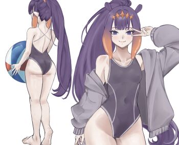 1girl absurdres back ball beachball breasts closed_mouth commentary from_behind hair_ornament highres hololive hololive_english long_hair looking_at_viewer ninomae_ina'nis one-piece_swimsuit ponytail purple_hair small_breasts sweater swimsuit symbol-only_commentary tentacle_hair v virtual_youtuber walkerdoggo white_background