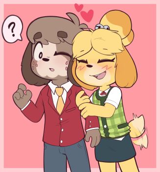 1boy 1girl ? absurdres animal_crossing black_pants black_skirt blush brother_and_sister brown_fur closed_eyes collared_shirt digby_(animal_crossing) furry furry_female furry_male green_vest heart highres isabelle_(animal_crossing) jacket motion_blur necktie nintendo one_eye_closed open_mouth orange_necktie pants pink_background plaid_clothes plaid_vest porldraws red_jacket shirt short_sleeves siblings skirt speech_bubble tail tail_wagging vest white_shirt yellow_fur