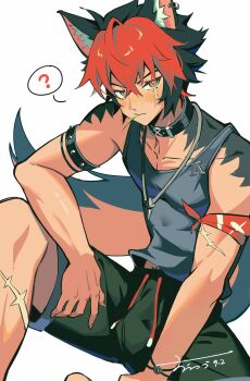? absurdres animal_ears armband commentary_request dog_boy dog_ears dog_tail highres jewelry komano_manato leaf_in_mouth looking_at_viewer munou_pero necklace red_eyes red_hair scar shorts tail