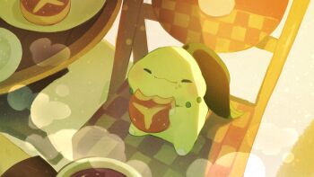 blush chikorita closed_eyes closed_mouth colored_skin commentary_request eating food food_bite food_on_face full_body gen_2_pokemon green_skin highres holding holding_food leaf leaf_on_head nintendo no_humans pokemon pokemon_(creature) pokemon_focus sitting solo uroko_(rwde4544)