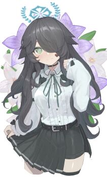 1girl arm_up bellflower belt black_belt black_choker black_hair black_shorts black_skirt black_thighhighs blouse blush borrowed_character bouhuman breasts buttons character_request chinese_bellflower choker clothes_lift collared_shirt commentary_request cropped_legs facial_mark flower frilled_shirt frills green_eyes hair_over_one_eye heart heart_facial_mark highres long_hair long_sleeves looking_at_viewer medium_breasts neck_ribbon original purple_flower ribbon shirt shorts skirt skirt_lift solo symbol-shaped_pupils thighhighs white_background white_shirt zettai_ryouiki