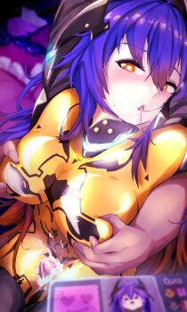 1boy 1girl absurdres arms_up black_trim blue_hair blush bodysuit breasts bright_pupils character_name commentary cum cum_on_body cum_on_legs deltapluto grabbing_another&#039;s_breast gradient_hair groping hair_between_eyes hair_in_own_mouth headgear heart heart-shaped_pupils hetero highres holographic_interface impossible_bodysuit impossible_clothes large_breasts long_hair multicolored_hair open_mouth orange_eyes orange_hair penis phantasy_star phantasy_star_online_2 quna_(pso2) shiny_clothes sidelocks sitting sitting_on_person sweat symbol-shaped_pupils thigh_sex tongue twintails two-tone_hair white_pupils yellow_bodysuit zelsius