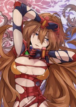 1girl blue_eyes bodysuit breasts commentary_request evangelion:_3.0+1.0_thrice_upon_a_time highres large_breasts long_hair mecha_pilot_suit navel neon_genesis_evangelion orange_hair plugsuit_(evangelion) rebuild_of_evangelion red_bodysuit souryuu_asuka_langley torn_bodysuit torn_clothes water yagisawa_teru