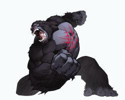 Rule 34 | abs, absurdres, blood, chibi, crossover, fangs, giant, giant monster, godzilla (series), godzilla x kong: the new empire, highres, kaijuu, king kong, king kong (series), legendary pictures, monster, monsterverse, muscular, muscular arms, muscular legs, muscular male, muscular other, no humans, no pupils, onion maru, open mouth, orange eyes, pectorals, roaring, scar, scar on chest, scar on stomach, sharp teeth, simple background, teeth, toho, tongue, white background