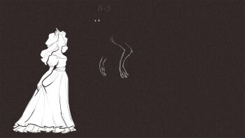 1boy 1girl abby_howard animated animated_gif bare_shoulders bird_boy black_background blood blood_splatter bow breasts claws cleavage clothes_lift commentary crown dancing disappear dress dress_lift english_commentary eye_trail fading greyscale highres holding_hands interlocked_fingers light_trail long_hair monochrome no_eyes official_art princess princess_(slay_the_princess) reaching reaching_towards_another slay_the_princess slouching smile talons the_damsel_(slay_the_princess) the_hero_(slay_the_princess) tiara