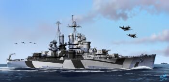 aircraft aircraft_carrier airplane anti-aircraft anti-aircraft_gun artistic_error autocannon blue_sky bofors_40_mm_gun cannon cloud commentary_request cruiser dated f4u_corsair highres mast military military_vehicle nendoyo no_humans ocean oerlikon_20mm_gun original outdoors propeller_fighter sailing ship ship_turret signature sky smokestack united_states_navy uss_columbia_(cl-56) vehicle_focus warship watercraft world_war_ii