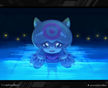 1girl colored_skin commentary dclaret digimon digimon_(creature) digimon_ghost_game english_commentary highres i'll_teach_you_everything_(chainsaw_man) jellyfish_girl jellymon monster_girl partially_submerged pink_skin pointy_ears reaching reaching_towards_viewer scene_reference solo tentacle_hair tentacles upper_body water