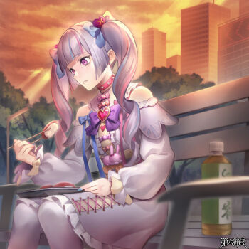 1girl bags_under_eyes bench blue_bow blue_hair blue_nails blunt_bangs blunt_sidelocks bottle bow bowtie brooch building buttons candy center_frills chopsticks clothing_cutout cloud collar copyright_name cross-laced_clothes curly_hair dairoku_ryouhei dress dusk earrings eating empty_eyes feet_out_of_frame fish_(food) food food-themed_clothes food-themed_earrings food_themed_earrings frilled_dress frilled_sleeves frills hair_bow hair_ornament heart heart_brooch heart_hair_ornament holding holding_chopsticks jewelry knees_together_feet_apart lonely long_sleeves multicolored_hair multicolored_nails nail_polish nigirizushi orange_nails outdoors pantyhose park_bench parted_lips pink_collar pink_hair pink_nails puffy_long_sleeves puffy_sleeves purple_bow purple_bowtie purple_eyes rabbit_ornament shoulder_cutout sidelocks solo spiked_collar spikes strawberry_earrings streaked_hair stud_earrings sushi tanaka_(tw) tochigi_saline tree twintails unhappy white_dress white_pantyhose wrapped_candy yume_kawaii