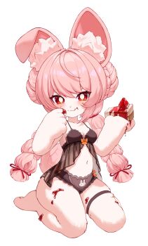 1girl :3 absurdres animal_ear_fluff animal_ears animal_print babydoll black_babydoll black_panties blush braid breasts bright_pupils cake cake_slice cleavage food food_on_body food_on_hand food_on_legs fruit furry furry_female heart heart_in_eye highres holding holding_cake holding_food kneeling licking_lips lingerie long_hair looking_at_viewer navel panties pink_fur pink_hair print_panties rabbit_ears rabbit_girl rabbit_panties rabbit_print rabbit_tail red_eyes short_eyebrows skindentation small_breasts smile solo spill strawberry strawberry_cake symbol_in_eye tail thick_eyebrows thick_thighs thigh_strap thighs tongue tongue_out twin_braids underwear white_background white_pupils yamisroot zenless_zone_zero zhao_(zenless_zone_zero)