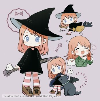 Rule 34 | 1girl, animal, ayu (mog), black cat, black choker, black dress, blue eyes, blush stickers, broom, brown shoes, cat, choker, closed eyes, closed mouth, commentary, cropped torso, dog, dress, english commentary, full body, ghost, green shirt, hat, holding, holding broom, holding staff, key, long hair, long sleeves, messy hair, multiple views, notice lines, open mouth, orange hair, original, pantyhose, red pantyhose, shirt, shoes, simple background, smile, staff, standing, striped clothes, striped pantyhose, twitter username, watermark, witch, witch hat