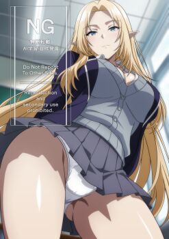 1girl alpha_(kage_no_jitsuryokusha_ni_naritakute!) blonde_hair blue_eyes blue_jacket blush breasts classroom cleavage elf from_below grey_skirt grey_sweater groin highres jacket kage_no_jitsuryokusha_ni_naritakute! large_breasts long_hair looking_at_viewer makiri_akira panties pantyshot pointy_ears school_uniform shirt skirt smile solo sweater underwear very_long_hair white_panties white_shirt