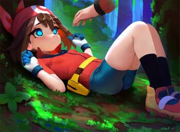 1boy 1girl animated bandana bike_shorts breasts fiz-rot groping loli lying may_(pokemon) nintendo nipples on_back open_clothes outdoors pokemon small_breasts tagme video