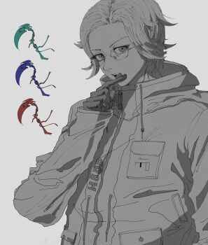 1boy absurdres aotsuki_eito eyebrows eyelashes glasses greyscale highres long_sleeves looking_at_viewer male_focus monochrome parted_lips scythe simple_background solo solo_focus the_hundred_line_-last_defense_academy- white_background white_hair zipper zipper_pull_tab