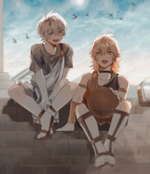 2boys absurdres aged_down antenna_hair basketball bird black_shorts black_tank_top blonde_hair blue_eyes blue_sky commentary ggtnnk gladiator_sandals gradient_hair grey_shirt hadanugi_dousa highres honkai:_star_rail honkai_(series) male_focus medium_hair multicolored_hair multiple_boys mydei_(a_trail_of_bygone_blood)_(honkai:_star_rail) mydei_(honkai:_star_rail) official_alternate_costume open_kimono phainon_(a_dream_scented_in_wheat)_(honkai:_star_rail) phainon_(honkai:_star_rail) red_hair sandals shirt short_hair shorts sitting sky symbol-only_commentary tank_top vambraces white_hair yellow_eyes