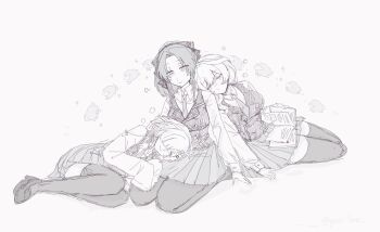 3girls arm_at_side assault_lily bangs_pinned_back bare_shoulders blunt_bangs blush book book_on_lap bow braid breasts buttons closed_eyes closed_mouth clothing_cutout collared_shirt commentary double-breasted full_body gatti_love grey_background greyscale hair_between_eyes hair_bobbles hair_bow hair_ornament hair_over_one_eye half-closed_eyes hand_on_another&#039;s_head hand_up hands_up head_on_another&#039;s_shoulder hibino_waku highres lap_pillow loafers long_hair long_sleeves looking_at_another lying medium_breasts medium_hair miniskirt monochrome multiple_girls necktie nishikawa_miharu on_side one_eye_covered open_book pantyhose parted_bangs pleated_skirt ponytail school_uniform sheep shirt shoes shoulder_cutout side_braids simple_background sketch skirt sleeping sleeping_on_person sleeping_upright sleeves_past_fingers sleeves_past_wrists smile sparkle star_(symbol) symbol-only_commentary tejima_komachi thighhighs twin_braids vest