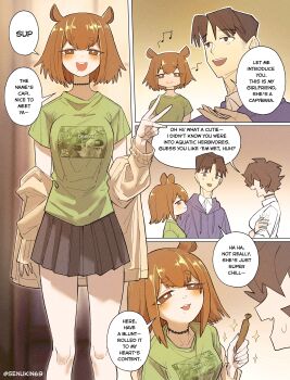 1boy 2girls absurdres animal_ears artist_name black_choker black_hair black_skirt blue_hoodie blush breasts bright_pupils brown_cardigan brown_eyes brown_hair capybara_ears capybara_girl cardigan cardigan_partially_removed choker commentary deal_with_it_(meme) dickbutt doritos double-parted_bangs english_commentary english_text green_shirt hand_up highres hood hood_down hoodie joint_(drug) kin_(senukin) medium_breasts meme miniskirt mlg mole mole_under_mouth mountain_dew multiple_girls musical_note open_mouth original sanic senukin shirt short_hair short_sleeves shrek shrek_(series) skirt smile sonic_(series) speech_bubble spoken_musical_note talking twitter_username v white_pupils white_shirt