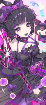 1girl artist_request black_choker black_gloves black_lips black_theme bow breasts choker cleavage colored_sclera commission dress drill_hair frilled_choker frilled_dress frills gloves hair_bow highres holding holding_staff identity_v kuromi mary_(identity_v) mary_(merry_kuromi)_(identity_v) off_shoulder official_alternate_costume purple_bow purple_eyes purple_sclera sanrio second-party_source solid_eyes solo staff