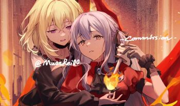 2girls ascot bang_dream! bang_dream!_it&#039;s_mygo!!!!! black_ascot black_dress black_gloves blonde_hair blue_hair commission crying crying_with_eyes_open dagger doloris_(bang_dream!) dress fire gloves hair_ribbon holding holding_dagger holding_knife holding_weapon knife long_hair long_sleeves medium_hair misumi_uika multiple_girls muonrei00 oblivionis_(bang_dream!) open_mouth purple_eyes red_shirt ribbon shirt sidelocks tears togawa_sakiko weapon yellow_eyes