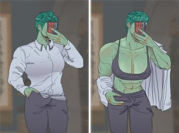 1girl abs black_pants black_tank_top blurry blurry_background body_freckles breasts cellphone cleavage colored_skin covering_own_face final_fantasy final_fantasy_xiv freckles green_hair green_skin hand_in_pocket large_breasts mirror_selfie muscular muscular_female pants phone roegadyn selfie shirt short_hair skaflog smartphone solo tank_top tomboy undressing white_shirt