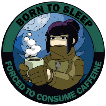 1girl black_eyes chibi chibi_only coffee coffee_mug cold cup deformed english_text eva_(kavunyak) foam forest funkiflame hair_bun military_uniform moon mug nature no_mouth original patch purple_hair russo-ukrainian_war short_hair tree