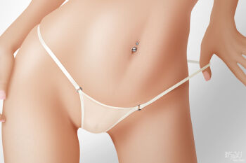 1girl 3d acerbi close-up female_focus narrow_waist navel navel_piercing panties piercing pussy pussy_focus realistic see-through_clothes skinny solo thong uncensored underwear