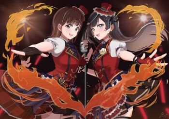 2girls absurdres black_hair brown_eyes brown_hair chase!_(love_live!) commentary_request earrings fingerless_gloves fire gloves grey_eyes hat highres holding holding_microphone holding_microphone_stand jewelry kusunoki_tomori long_hair looking_at_viewer love_live! love_live!_nijigasaki_high_school_idol_club microphone microphone_stand multiple_girls one_side_up pukonuu real_life short_hair signature smile stage_lights upper_body voice_actor voice_actor_connection yuki_setsuna