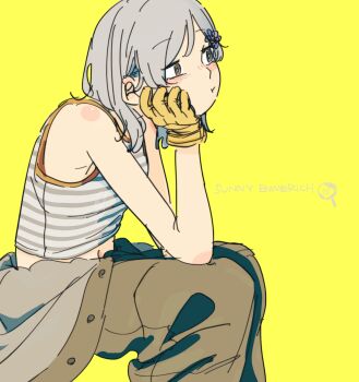 Rule 34 | 1girl, 524ryo, :t, absurdres, bare shoulders, brown jumpsuit, character name, closed mouth, commentary request, feet out of frame, gloves, grey eyes, grey hair, grey shirt, highres, invisible chair, jumpsuit, medium hair, metal gear (series), metal gear rising: revengeance, midriff, navel, open jumpsuit, shirt, simple background, sitting, sleeveless, sleeveless shirt, solo, striped clothes, striped shirt, sunny emmerich, yellow background, yellow gloves