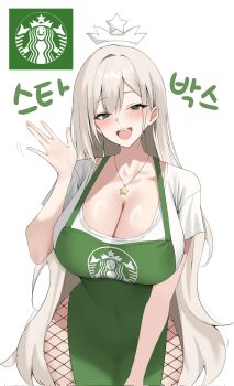 Rule 34 | 1girl, barista, breasts, cleavage, fishnet pantyhose, fishnets, gamtoryy, green eyes, grey hair, highres, jewelry, korean text, large breasts, long hair, necklace, original, pantyhose, solo, star (symbol), star necklace, starbucks, starbucks siren